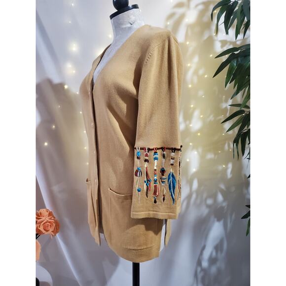 Bob Mackie Wearable Art Native Embroidered Feather Button Cardigan Sweater Sz XS - Picture 3 of 11